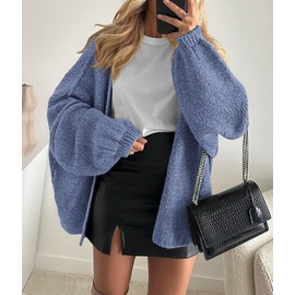 PRETTYGARDEN Womens Oversized Cardigan Sweaters 2025 Fall Long Lantern Sleeve Knit Open Front Lightweight Sweater (Haze Blue,Large)