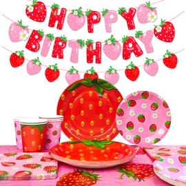 Strawberry Party Tableware for 16 People, Strawberry Party Tableware Set - Plates, Tablecloths, Napkin, Banner etc. Strawberry Birthday Decorations