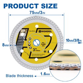 HIGHDRIL Diamond Tile Disc 75 mm x 10 mm, 3 x Teeth Concrete Saw Blade for Granite, Hard Concrete, Hard Plastic, Natural Stones, Clinker for Bosch GWS 10.8-76 Tile Disc