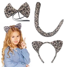 BOBOZHONG Animal Ears Bow Tail Set,Animal Costume Set Fancy dress set print animal ears with a tail and matching bow Carnival Party Decoration Costume Accessory(White leopard costume)