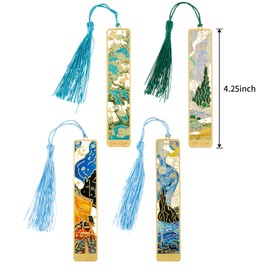 Metal Bookmarks with Tassel Golden Hollow Bookmark Oil Painting Theme Book Mark Bookmarks for Book Lovers Writers Readers Men Women,4 Pieces,Style6