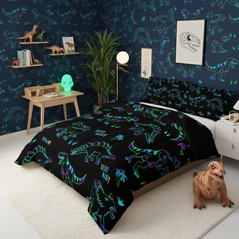 QOOMO Jurassic Dinosaur Kids Bedding Set, Black, Twin Size