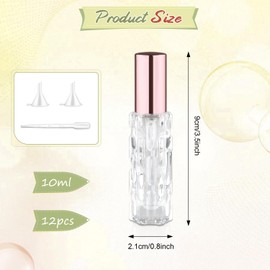 DynnnDy 12Pcs 10ml Clear Glass Spray Bottles with Rose Gold Lid Mini Refillable Perfume Dispenser Fine Mist Atomizer Empty Sample Containers for Essential Oils Skin Care Products Cleaning