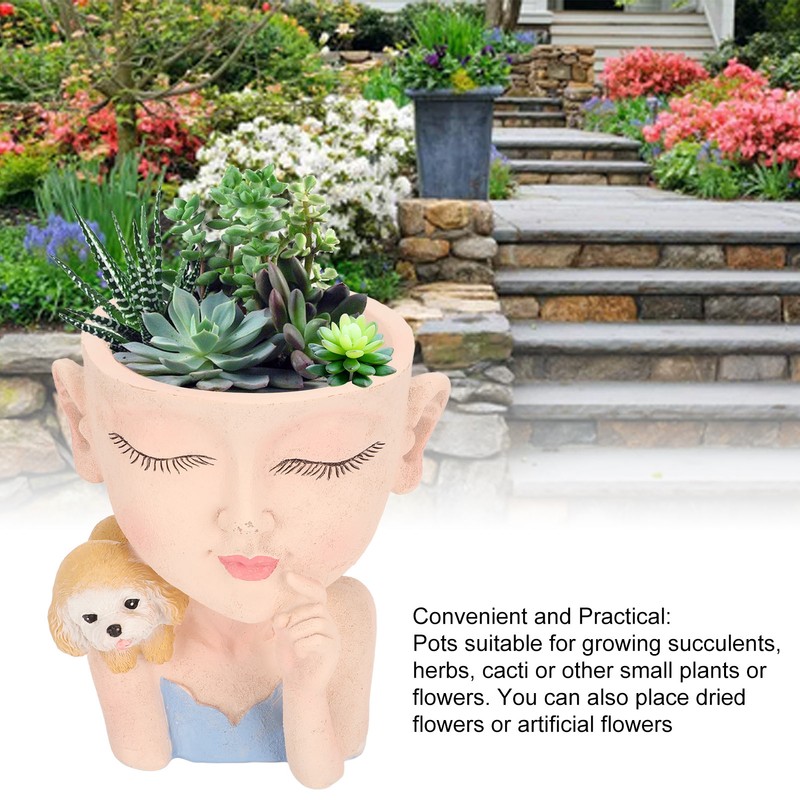 Flower Pot Girl and Dog Cute Style Bottom Drainage Hole
