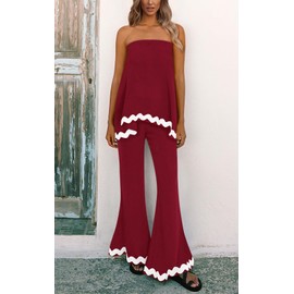 PRETTYGARDEN Women's 2024 Casual Off Shoulder Strapless Cute Lounge Sets for Women 2 Piece Outfits for Women Summer Pants (Wine Red,Medium)