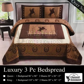 Western Collection New 3 Pieces Western Stars and Horses Cowboy Luxury Home Quilt Bedspread Oversize Comforter (King Brown Horse)