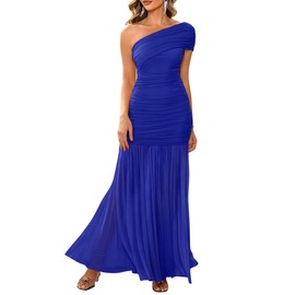 LAGSHIAN Women's Elegant Formal Long Dress One Shoulder Sleeveless Ruched Bodycon Evening Dress RoyalBlue