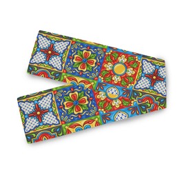 Table Runner Mexican Talavera Ceramic Tile Tablecloth Kitchen Dining Table Linen Rustic Dresser Scarf for Indoor Outdoor Home Decor Wedding Holidays Party 90 Inch