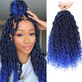 Blue River Locs Crochet Hair 8 Packs 14Inch New Goddess Locs Crochet Hair Curly Faux Locs Crochet Hair for Black Women Boho Hippie Style Crochet Braids Hair（#1B/Blue 14inch 8 packs）