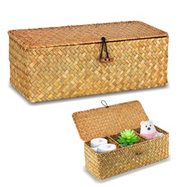 32 cm x 12 cm x 10 cm Seagrass Rectangular Storage Basket Woven Rattan Handwoven Basket with 3 Compartments for Bathroom Living Room Kitchen (Light Orange)