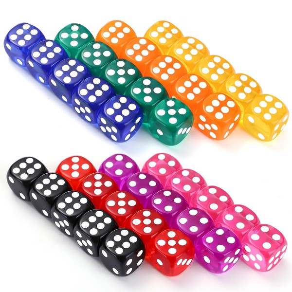 GWHOLE Dice Dice 6-Sided 40pcs 14mm trpg Dice Right Angle dice Translucent 8 Colors (Red, Yellow, Blue, Green, Purple, Orange, Black, Pink)