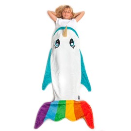 The Soft Rainbow Narwhal Fish Blanket, Microfibre Plaid for Children and Girls, Plaid for Sofa, Blanket Bag, Sleeping Bag, Travel Blanket, 142 cm Long, with Fin, Multi-Colour, Mermaid Blanket