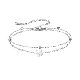 TEAMER Four Leaf Clover Bracelet Stainless Steel Irish Good Luck Shamrock Bracelet Happiness Symbol Lucky Jewelry For St Patrick's Day (Silver)