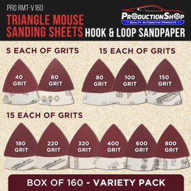 ProductionShop Premium Triangle Mouse Detail Sander Sandpaper Sheets, 160 Disc Variety Pack, Grits 40, 60, 80, 100, 120, 150, 180, 220, 320, 400, 600, 800 - Hook & Loop - Woodworking Furniture Tools