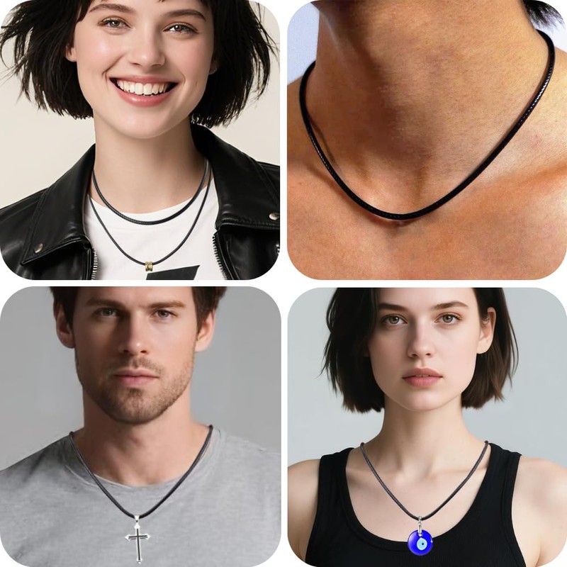 LERSUSI 4pcs Black Necklace Cords, Woven Wax Rope Chain for