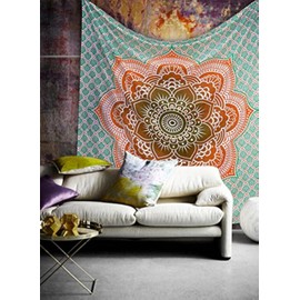 Ombre Hippie Mandala Bohemian Psychedelic Intricate Floral Design Indian Bedspread Magical Thinking Tapestry 84x90 Inches,(215x230cms) Orrange