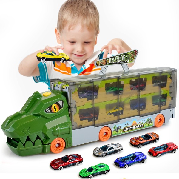 BAKAM Car Carrier Truck Toy for Kids 3-5 Years Old, Mega Transport Truck with Ejection Race Track, Catapulting Car Toys Birthday Gifts for Boys Girls, Includes 6 Alloy Toy Cars (Green)