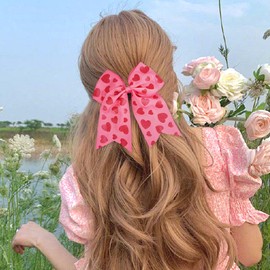 2Pcs Valentine's Heart Hair Bows, Pink Bow Hair Tie for Women,Red Glitter Heart Design, Love Elastic Hair Rope,Girl Hair Accessories for Ponytail, Wig, Miss Resin Curls, Black