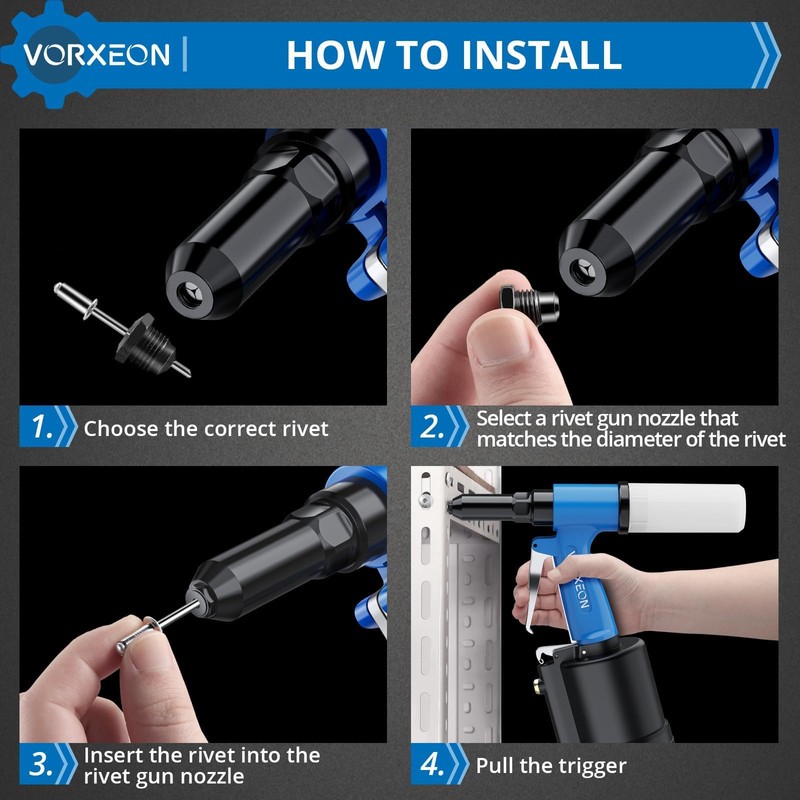 VORXEON Pneumatic Rivet Gun Set 3/32", 1/8", 5/32", 3/16" Air