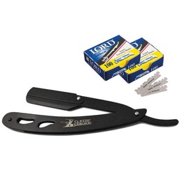 Classic Samurai CS-102 Stainless Steel Professional Barber Straight Edge Shavette Cut Throat Razor (Matte Black + 200 Lord Blades)