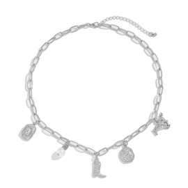 Cowboy Boots Hat Charm Necklace for Women Men Retro Western Style Cowgirl Irregular Pearl Coin Horse Dainty Boho Pendant Paperclip Chain Choker Vintage Country Rodeo Outfit Fashion Jewelry Gifts (Silver)