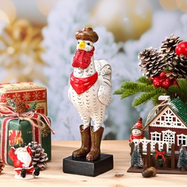 Suzile Christmas Vintage Resin Rooster Statue - Handcrafted Farmhouse Decor with Cowboy Hat, Christmas Chicken Figurine for Indoor Tabletop, Kitchen, Office, 3 x 2.2 x 10.7 Inches