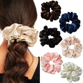Pack of 6 Massive Silk Scrunchies, Oversized Scrunchies for Thick Hair, Satin Scrunchies, Hair Bobbles for Women (Black/White/Navy Blue/Pink/Brown/Khaki)