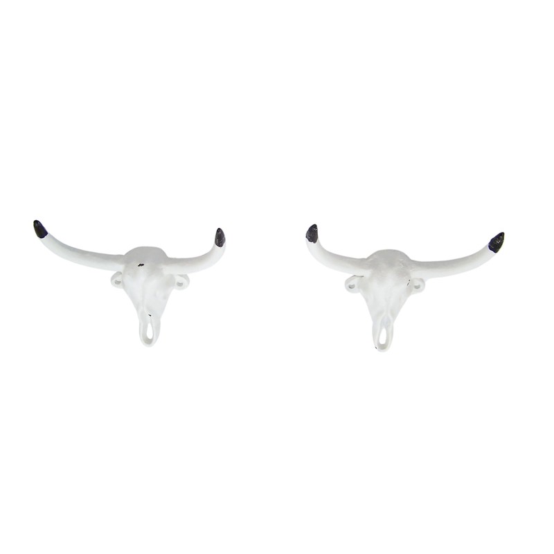 Decorative Cast Iron Bull Horns Wall Decor, 6 Inch, White,