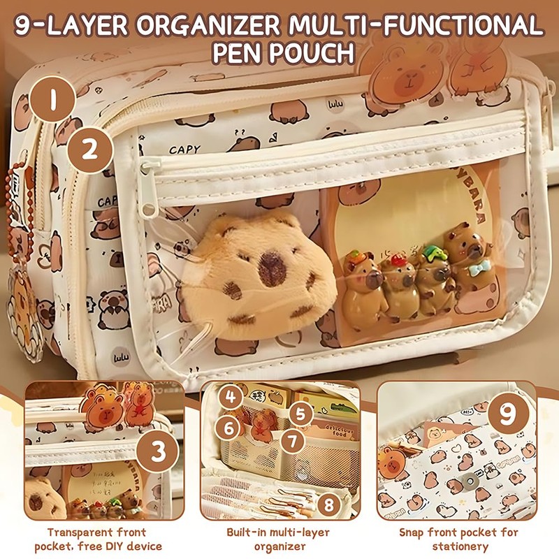 Capybara Pencil Case with 9 Compartments, 37 Pieces Capybara Stationery