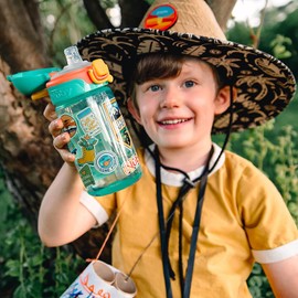 Nuby Kids Spill Proof Push Button and Travel Sticker Water Bottle with Soft Silicone Spout: 18+ Months, 14oz / 420ml