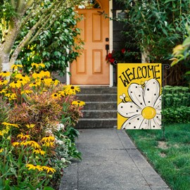 Louise Maelys Summer Welcome Garden Flag Daisy Bee Spring Floral 12x18 Inch Double Sided Flower Small Burlap Holiday Yard Outdoor Sign Outside Home House Seasonal Decoration