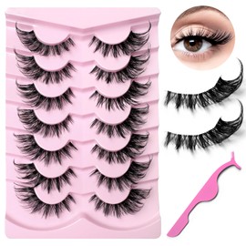 AddFavor False Eyelashes Cat Eye Lashes Wispy Fluffy Faux Clear Band Lashes Natural Look Fake Eyelashes 7 Pairs Pack D Curl Lashes