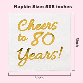 80th Birthday Decorations Men Women Party Supplies Cocktail Napkins White 80 Birthday Decorations 50 Pack,5"x 5" Folded,Cheers to 80 Years! (80)