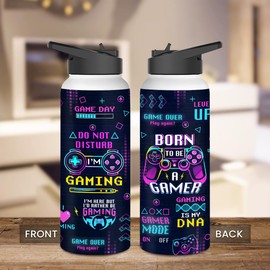 Gamer Gifts Water Bottle 32oz Stainless Steel Insulated with Lid, Sport Bottle Gifts for Video Game Players, Men, Teen Boys - Gaming Presents for Birthday Christmas Game Day