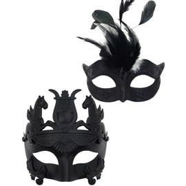 Ubauta Various Venetian Couple Masks For Masquerade/Party/Ball Prom/Mardi Gras/Wedding/Wall Decoration, Black Feather Masks for Couples, One Size