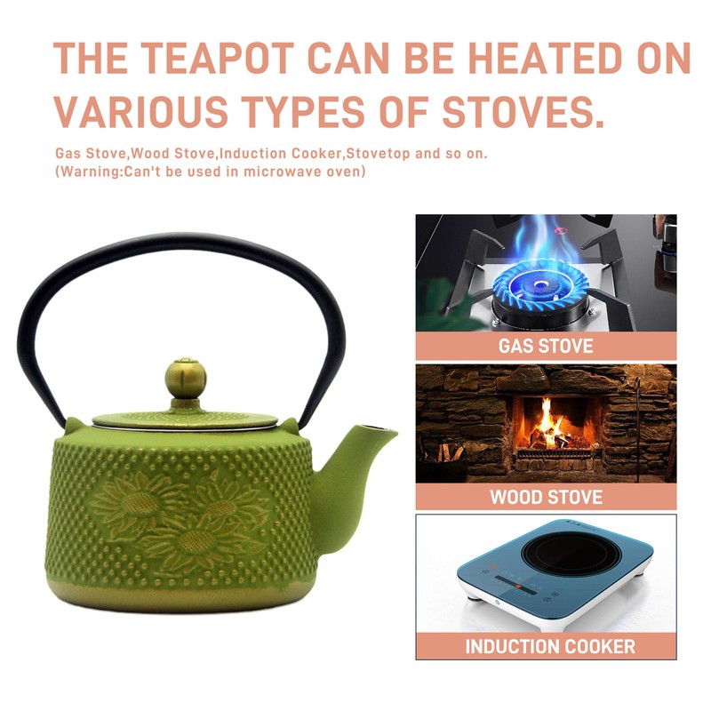 Cast Iron Teapot with Sunflower Pattern,SECHUDO Tea Kettle Coated with