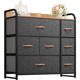 DWVO Fabric Dresser with 7 Drawers, Black Dresser & Chest of Drawers, Storage Tower with Large Capacity, Organizer Unit for Bedroom, Living Room & Closets