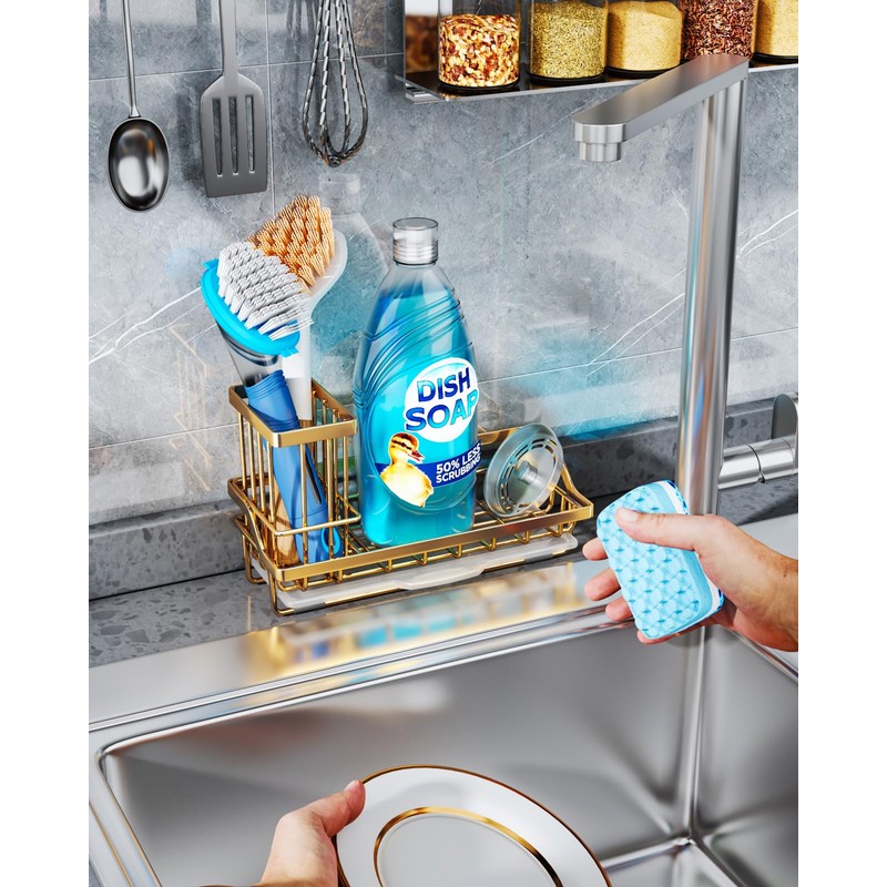 Consumest Sink Caddy, Kitchen Sponge Holder with Dish Brush Holder,