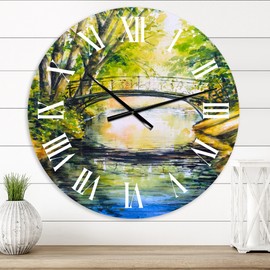 Designart 'Bridge Over Troubled Water In Forest Park' Lake House wall clock - 23 in. high, 23 In. Wide
