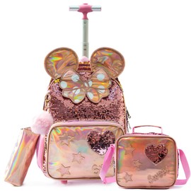 Egchescebo Kids Rolling Big Ears Backpack for Girls Sequins Trolley Suitcases Luggage Travel with Wheels Bookbag Wheeled 17" Roller Backpacks Set Toddler Back Pack School Bags for Elementary Champagne