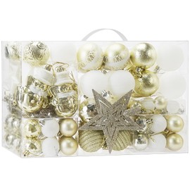 Pack of 105 Premium Christmas Baubles Plastic Gold White with Tree Topper Star, Christmas Tree Baubles Christmas Decoration Set, Colourful Christmas Tree Decoration, Reusable Christmas Decoration