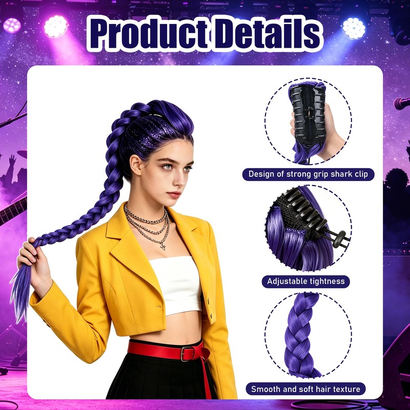 MORTICIA Long Purple Braided Ponytail Hair Accessory, 29 in Clip-On