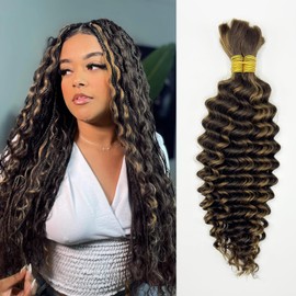 Human Braiding Hair Deep Wave Bulk Human Hair for Braiding No Weft (1 Pack-2 Bundles-100g) Human Braiding Hair for Boho Braids (4/30#, 16Inch)