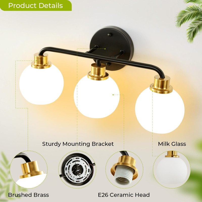 3 Light Bathroom Vanity Light, Black and Gold Bathroom Light