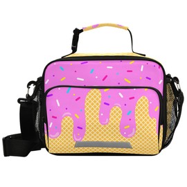 Wamika Ice Cream Drip Lunch Bag with Shoulder Strap for Kids Boys Girls Teens Purple Pink Lunch Box Woman Tote Bags Water-resistant Insulated Warm Cooler Bag for School Work Office Camp(11x9x5 Inch)