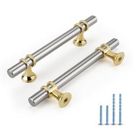 Rergy Cabinet Handles Drawer Pulls and Knobs, 10Pack Brushed Nickel and Gold 3-3/4inch Hole Center, Kitchen Hardware for Dresser Handle Zinc Alloy Furniture Pull