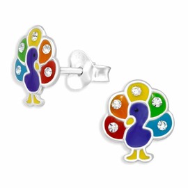 Monkimau Glitter Peacock Stud Earrings Made of 925 Silver Jewellery Silver Earrings Medical for Children Girls Ladies Women, Silver