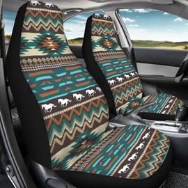 Salabomia Southwest Horse Car Seat Cover for Women Men, Aztec Breathable Auto Car Seat Protector High Back Bucket Car Seat Cover Comfortable 2 Piece Front Seat Cover for Cars SUV, Green and Brown