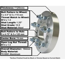 Arrow 4 Wheel Adapter 1"Thick 5x4.75 to 5x4.5 Fit:GMC/Chevy 5-Lug 12x1.5 Stud 74mm C.B