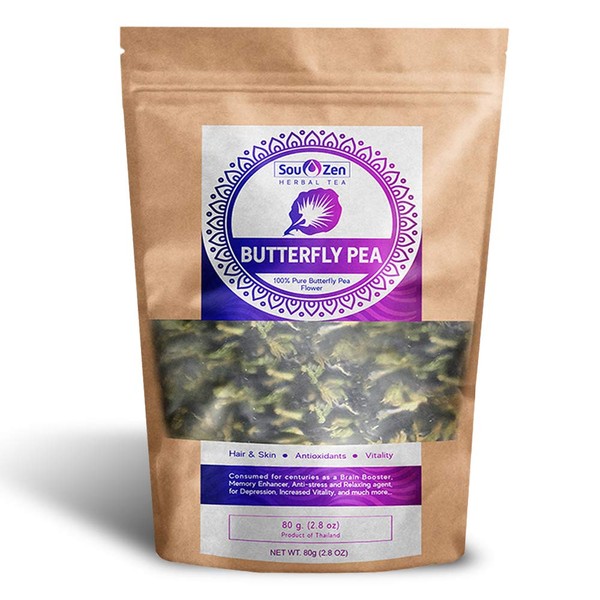 Sou Zen Butterfly Pea Flowers (80 g) Dried Tea Leaves | Natural, Raw Drink Mix w/Antioxidants, Organic Nootropics | Promotes Relaxing Calm, Stress Relief | Thai Herbal